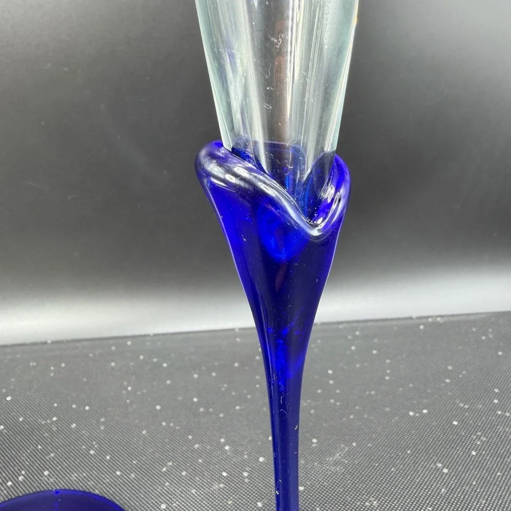 Colony Glass Cobalt Blue Stem Champagne Flutes‎ Set of 2 Glasses 11 Inch Clear
